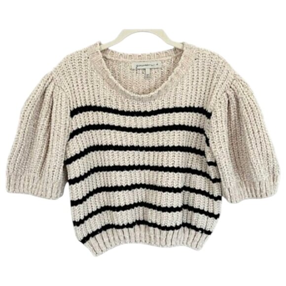 Generation K Sweaters - Striped Puff Sleeve Cropped Sweater Cream/Black M